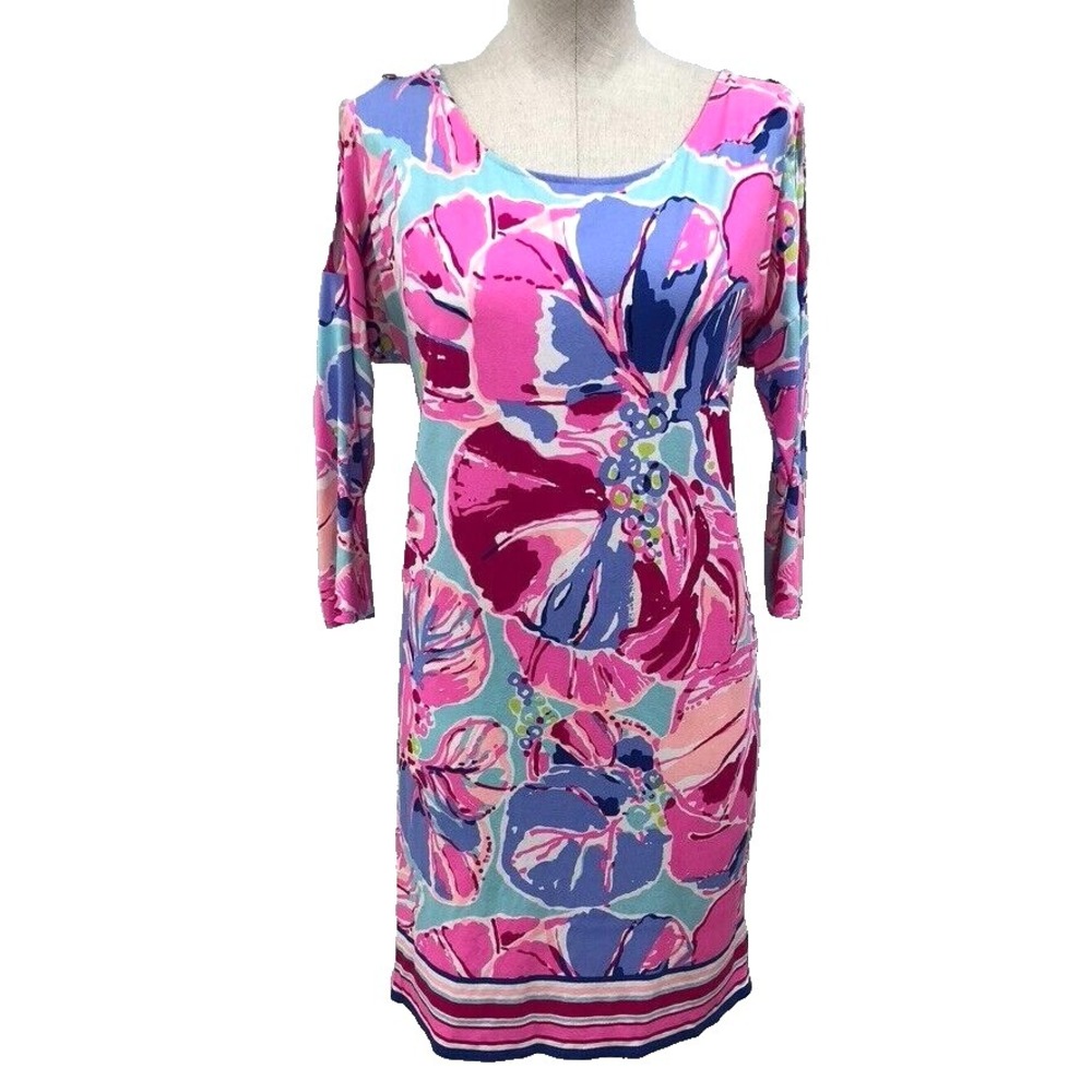 Lilly Pulitzer Shift Dress Womens Small Bright Floral‎ 3/4 Sleeve Coastal Resort